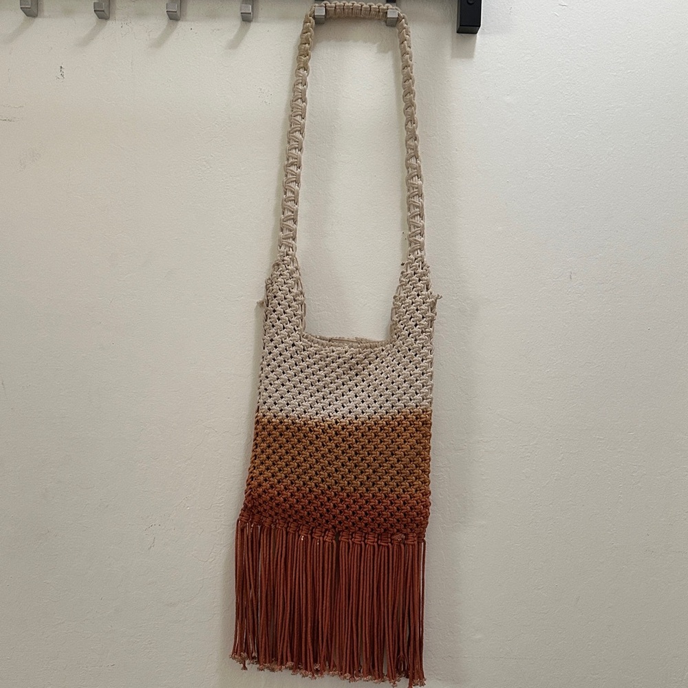 Handcrafted Woven Fringe Bag - Tan and Brown